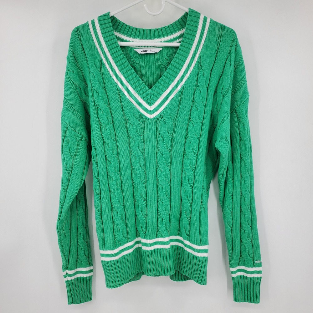 Prince‎ Green Cable Knit V-Neck Varsity Stripe Sweater Small Tennis Pickleball